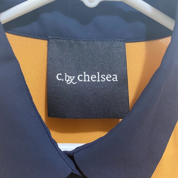 C by Chelsea High Low Long Sleeve Button Blouse Metal Collar Pumpkin Navy S/M - Picture 3 of 8